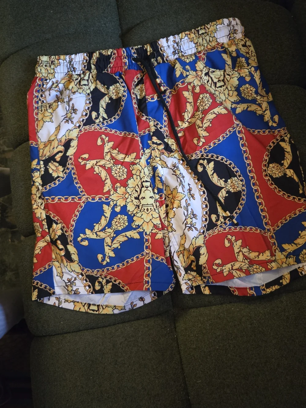 Men's Patterned Chain-Print Swim/Beach Shorts in Red, Blue, Black